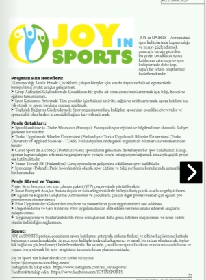 JOY in Sport Projesi YUFİZYO Dergisi Haziran sayısında Yayımlandı